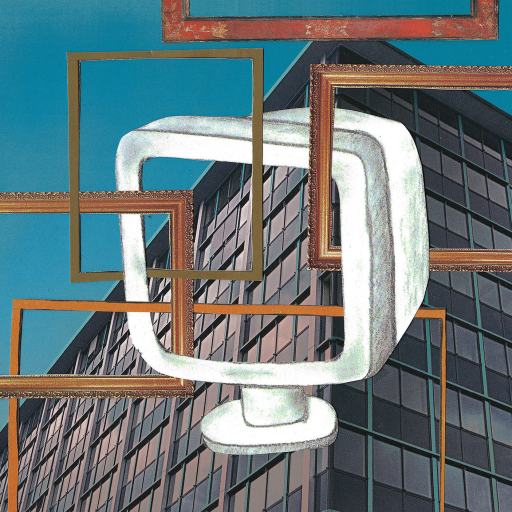 A modern office building with overlapping empty picture frames and a stylized computer monitor superimposed over the structure against a clear blue sky.