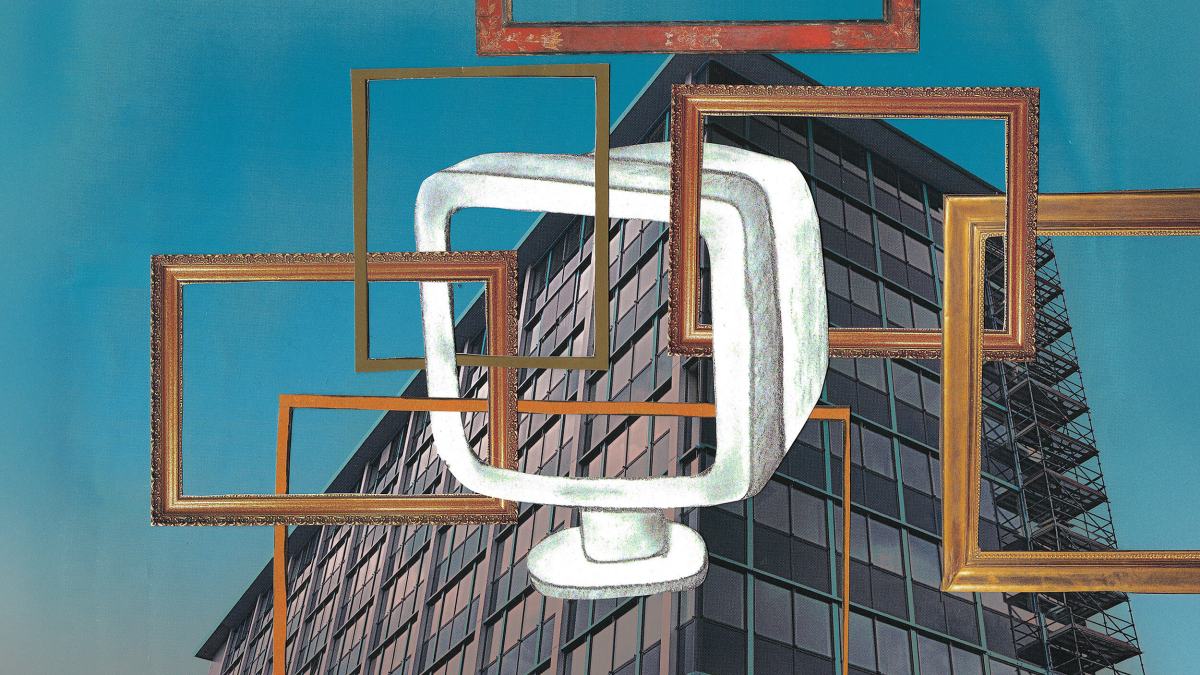 A modern office building with overlapping empty picture frames and a stylized computer monitor superimposed over the structure against a clear blue sky.