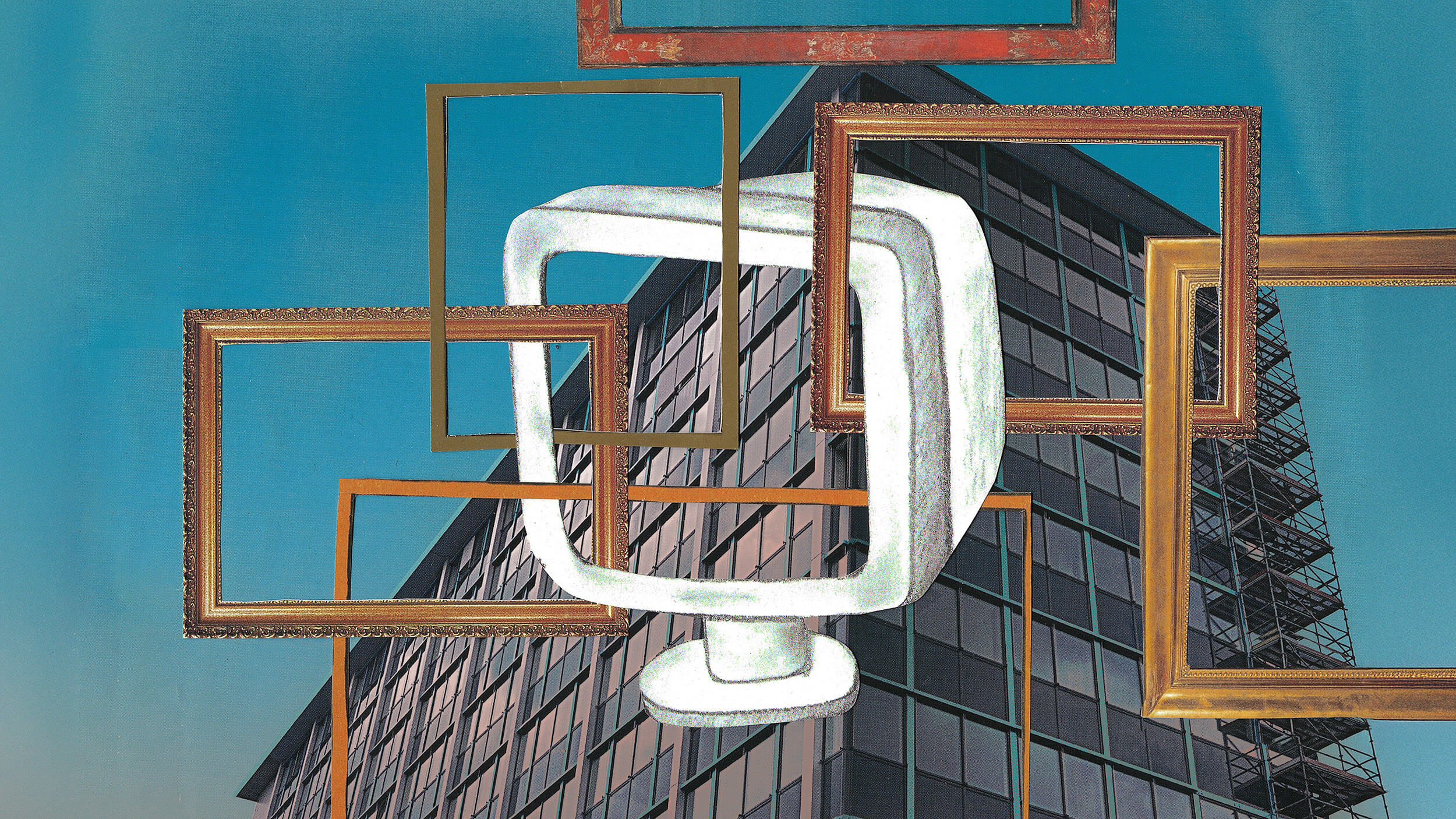 A modern office building with overlapping empty picture frames and a stylized computer monitor superimposed over the structure against a clear blue sky.