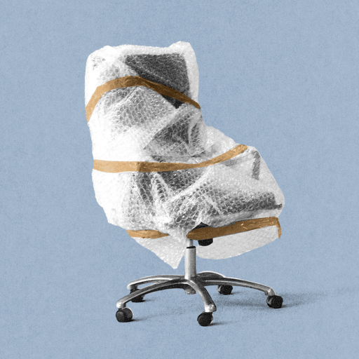 Office chair wrapped in bubble wrap and secured with brown tape, placed against a plain light blue background.