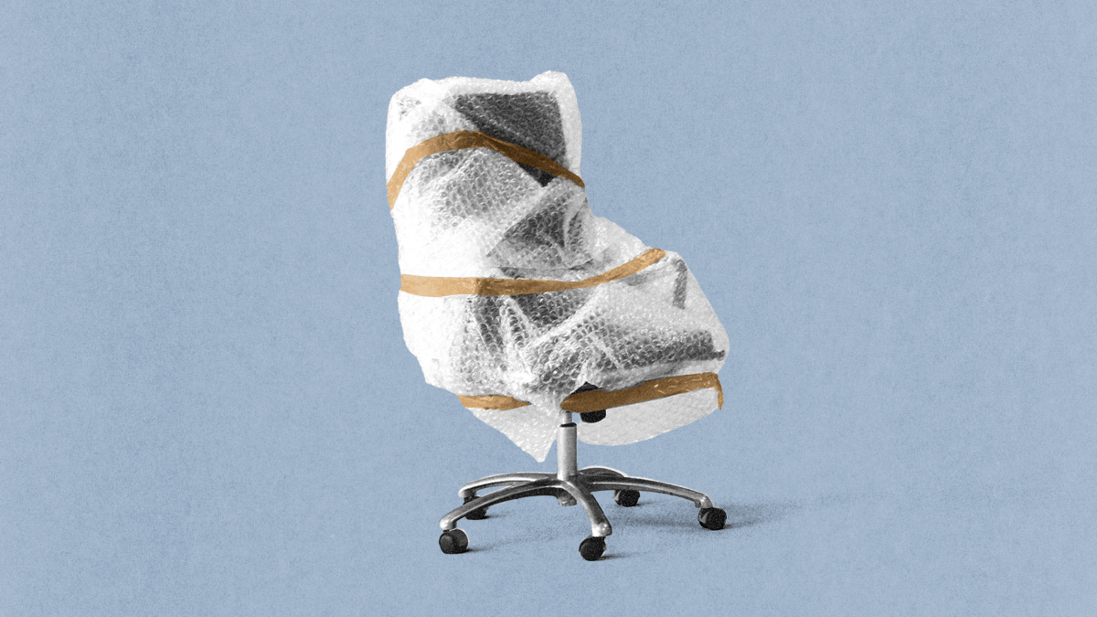 Office chair wrapped in bubble wrap and secured with brown tape, placed against a plain light blue background.