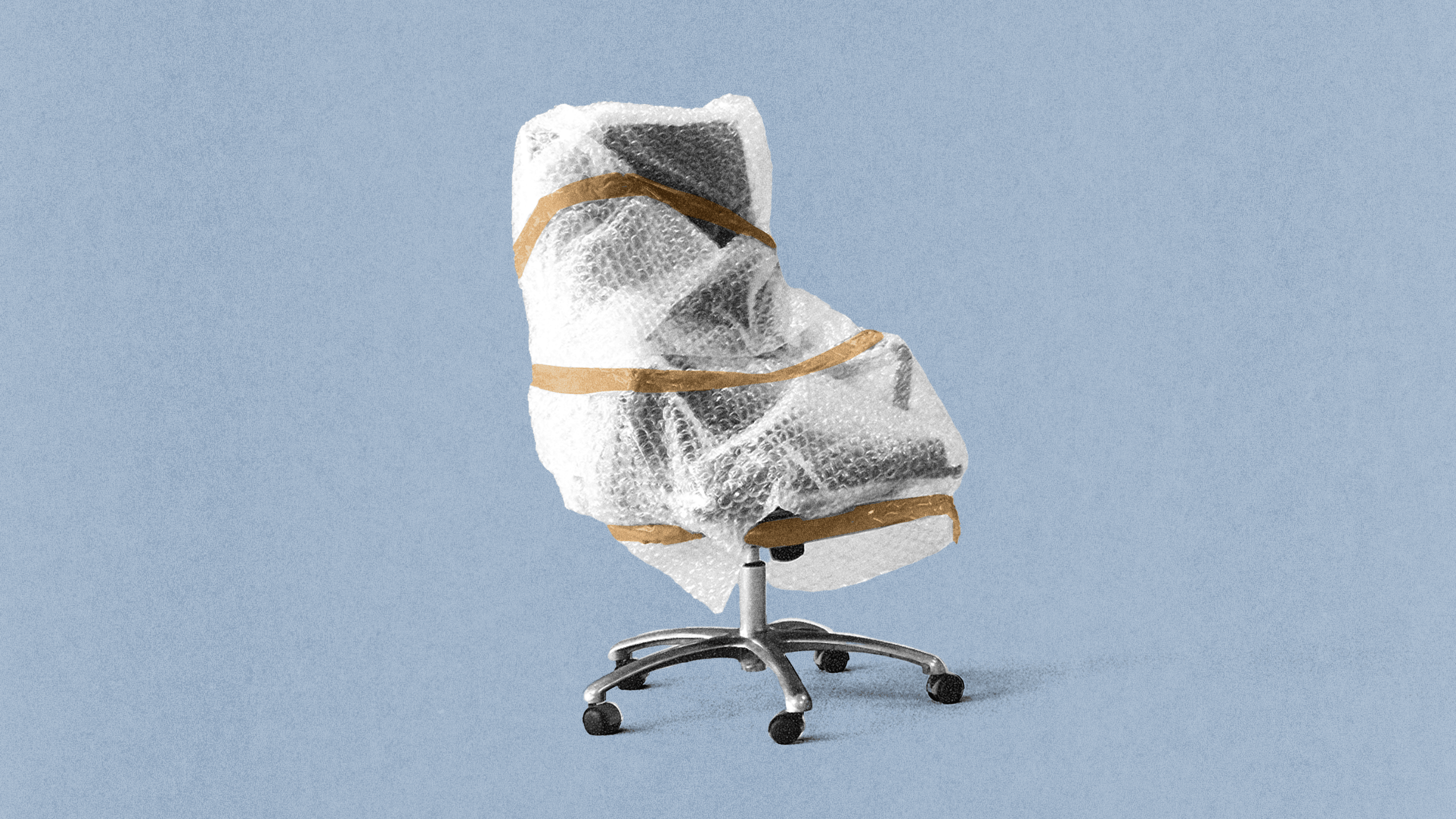 Office chair wrapped in bubble wrap and secured with brown tape, placed against a plain light blue background.