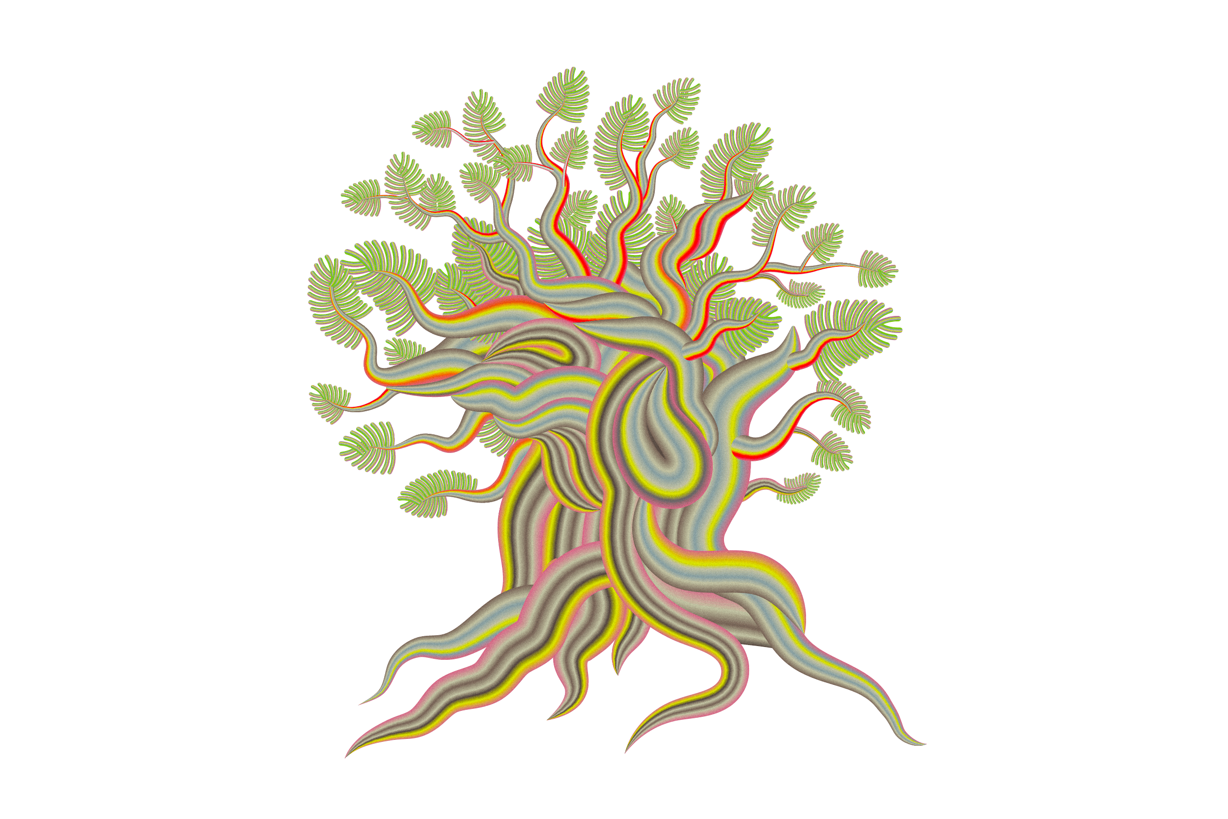 Illustration of a tree with multicolored, swirling trunk and branches, vibrant green fern-like leaves, symbolizing resilience on a white background.