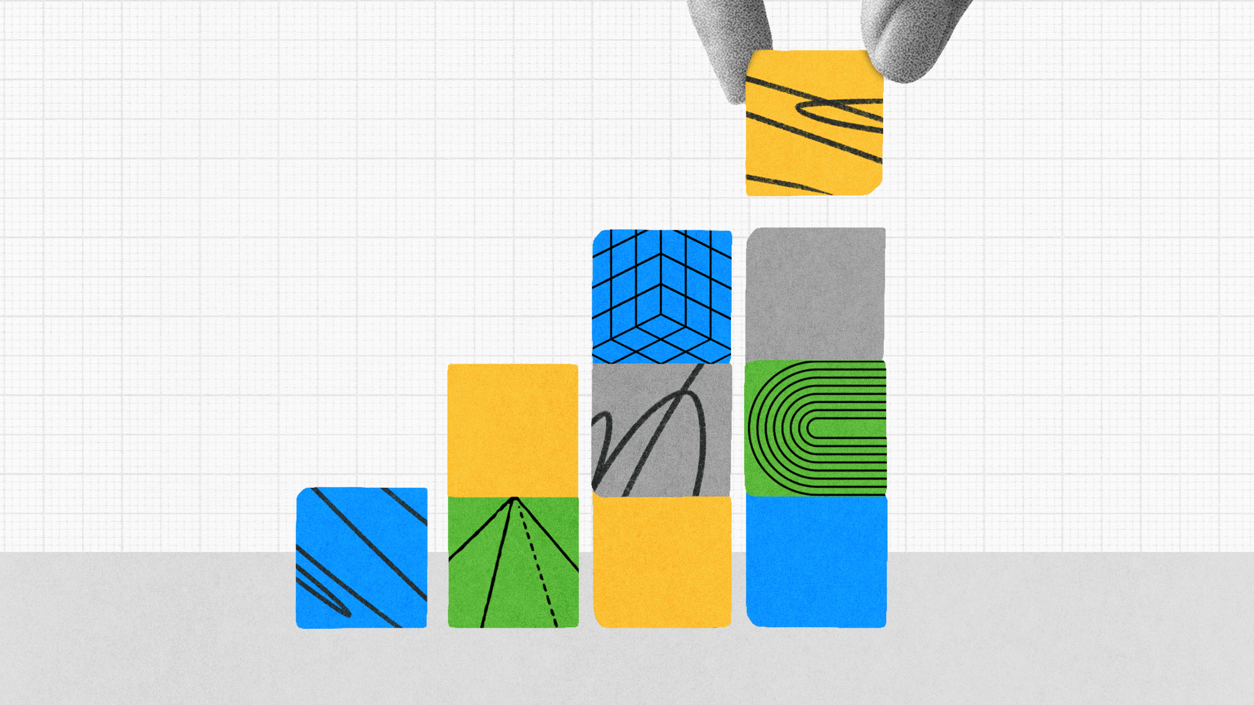 A hand places a patterned yellow block on top of colorful stacked blocks arranged in ascending order against a grid background.