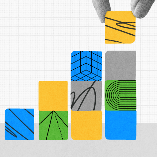 A hand places a patterned yellow block on top of colorful stacked blocks arranged in ascending order against a grid background.