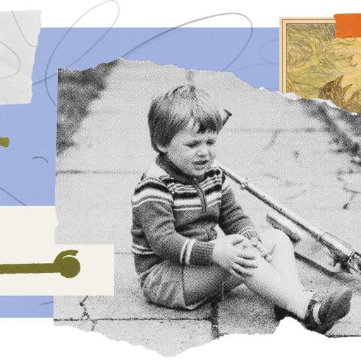 A young child sits on a sidewalk holding a scraped knee next to a fallen scooter, evoking reasonable childhood independence, with collage elements including a helicopter, art print, and abstract lines.