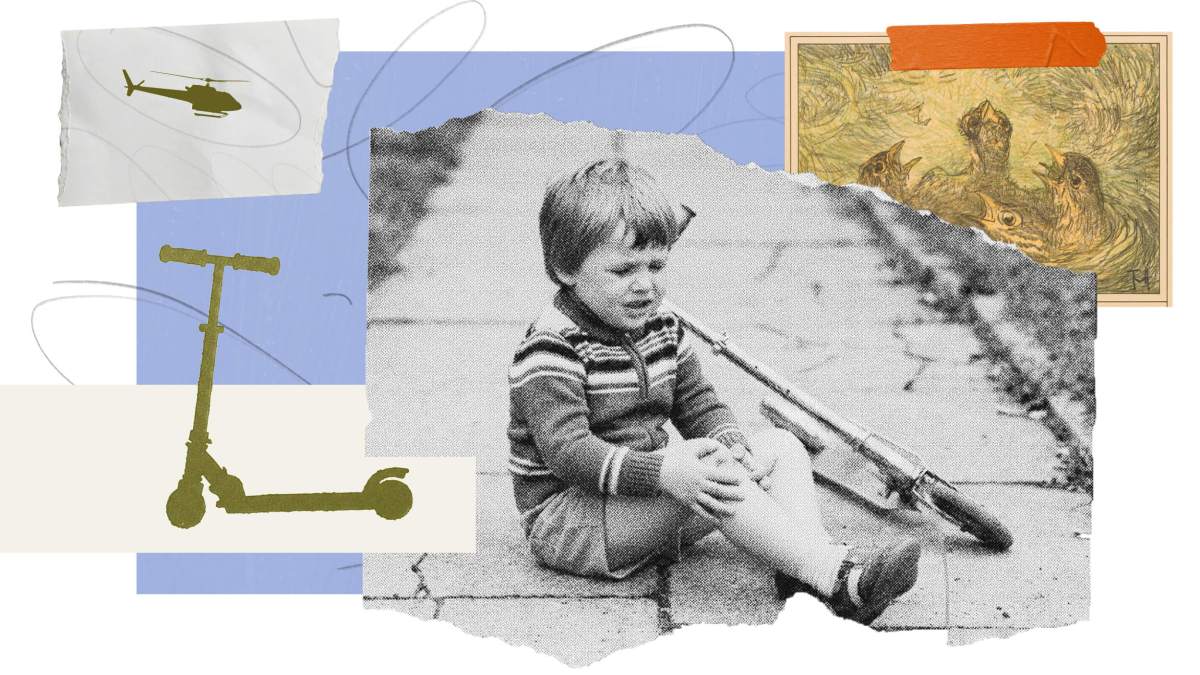 A young child sits on a sidewalk holding a scraped knee next to a fallen scooter, evoking reasonable childhood independence, with collage elements including a helicopter, art print, and abstract lines.