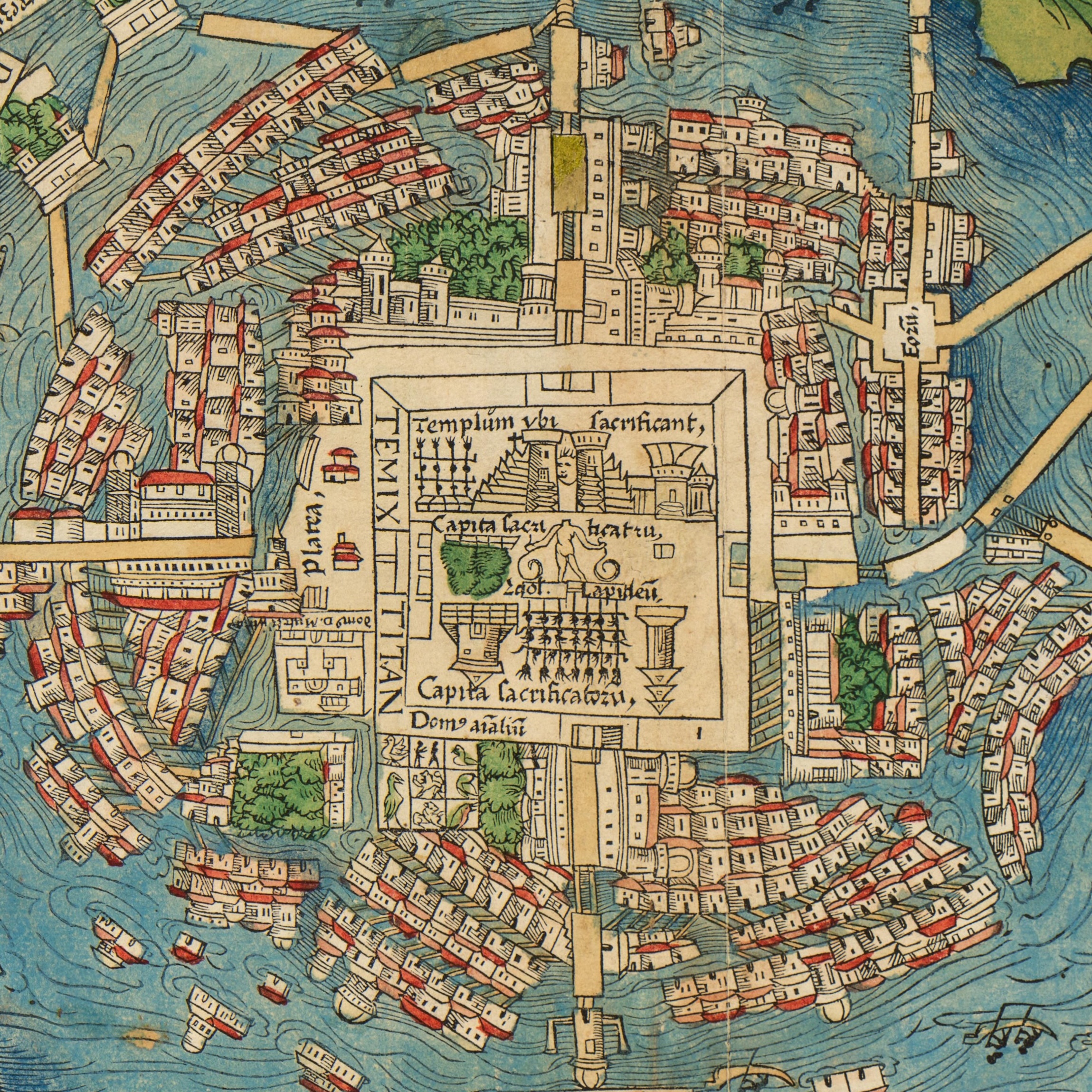 Illustrated map of Tenochtitlan shows a city built on a lake with canals, bridges, densely packed buildings, and a central ceremonial square with temples.