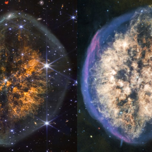 Side-by-side images of a nebula in space, showing colorful, wispy gas and dust shells surrounding a bright central region with numerous stars in the background.