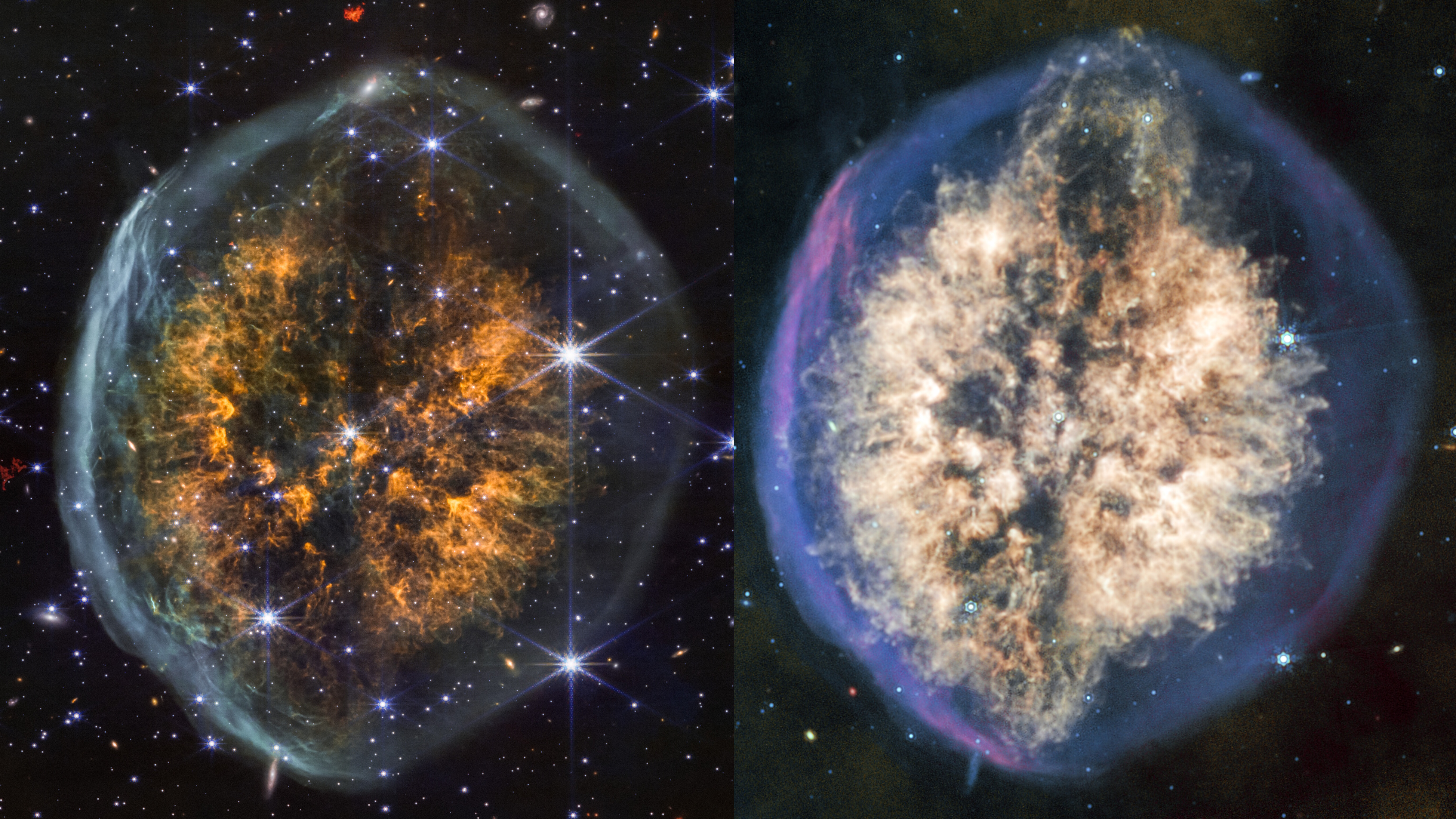 Side-by-side images of a nebula in space, showing colorful, wispy gas and dust shells surrounding a bright central region with numerous stars in the background.