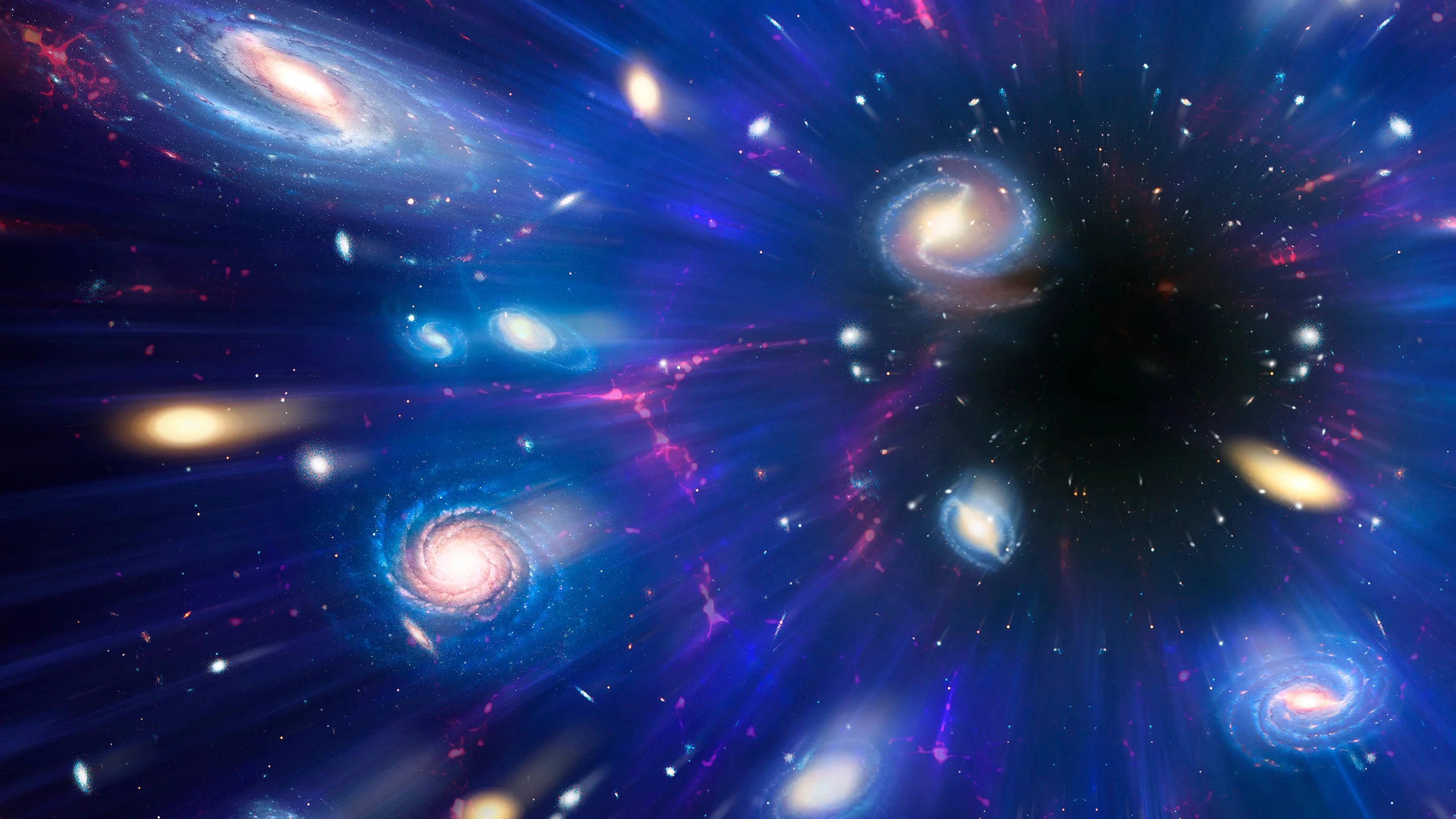 Illustration of multiple spiral galaxies and stars being pulled toward a central black hole in deep space, with blue and purple light streaks tracing the motion along a dark energy curve that shapes the universe.