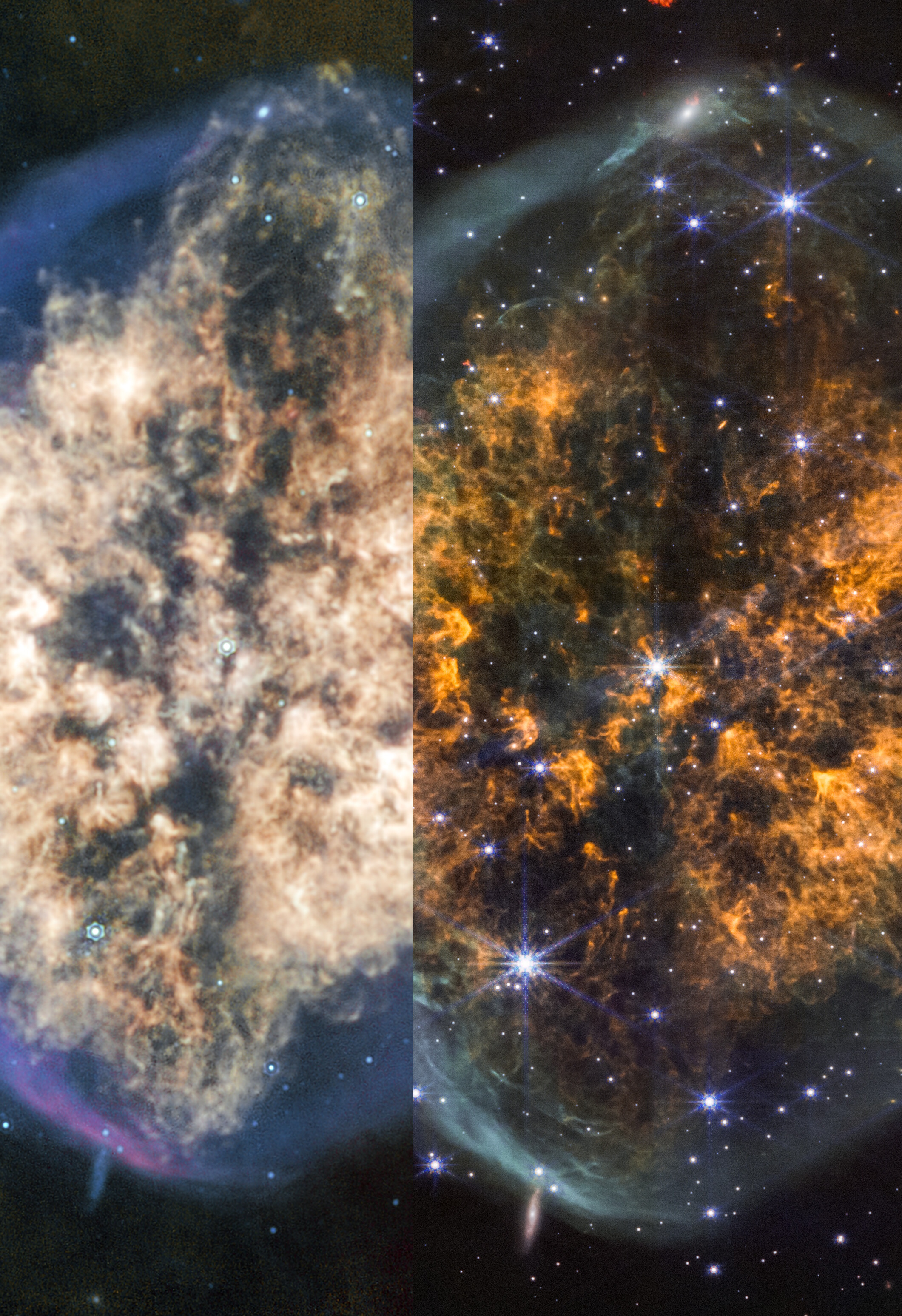 Side-by-side images of the NGC 2392 nebula comparing two views, showing colorful clouds of gas and bright stars against a dark space background.