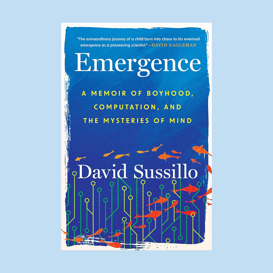 Book cover of "Emergence" by David Sussillo, featuring a blue background with fish and circuit patterns, and a subtitle about boyhood, computation, and the mysteries of mind.