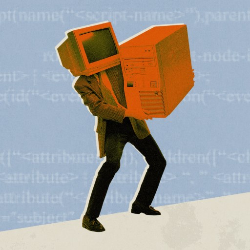 A person in a suit with a vintage computer monitor as a head carries a large, orange computer tower against a blue background with faint code text.