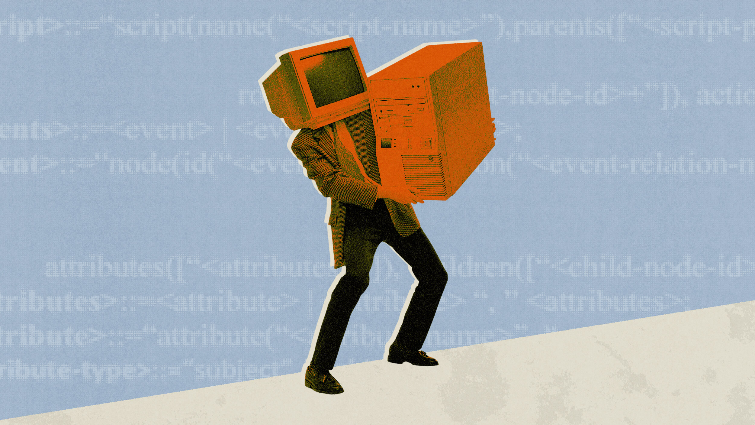 A person in a suit with a vintage computer monitor as a head carries a large, orange computer tower against a blue background with faint code text.