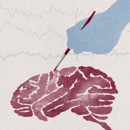 A blue hand holding a tool touches a red illustrated brain, with brain wave patterns shown in the background.