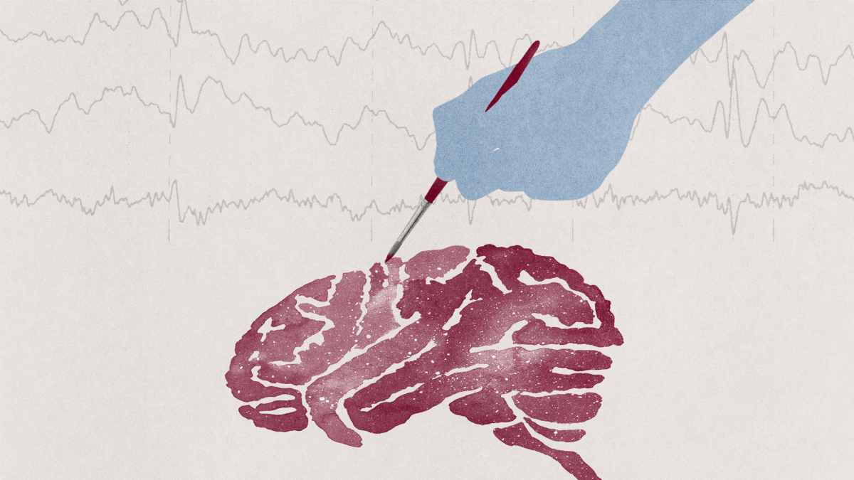 A blue hand holding a tool touches a red illustrated brain, with brain wave patterns shown in the background.