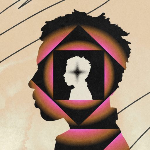 Illustration of a person's silhouette with geometric shapes and a smaller head profile inside, set against a textured beige background with abstract black lines.