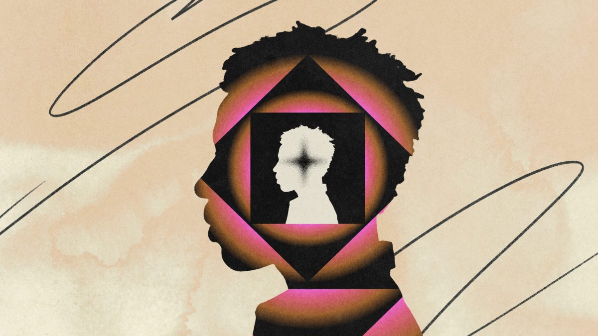 Illustration of a person's silhouette with geometric shapes and a smaller head profile inside, set against a textured beige background with abstract black lines.
