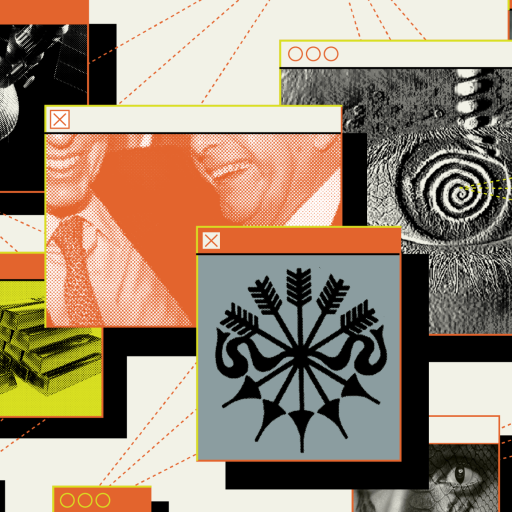 A collage of overlapping browser windows displays various images—symbols, people, gold bars, and abstract patterns—all connected by dashed red lines, evoking the tangled web of conspiracy theories.