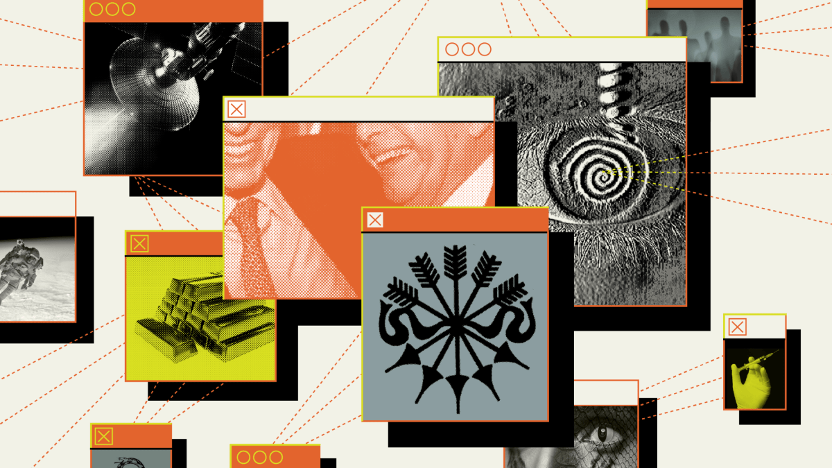 A collage of overlapping browser windows displays various images—symbols, people, gold bars, and abstract patterns—all connected by dashed red lines, evoking the tangled web of conspiracy theories.