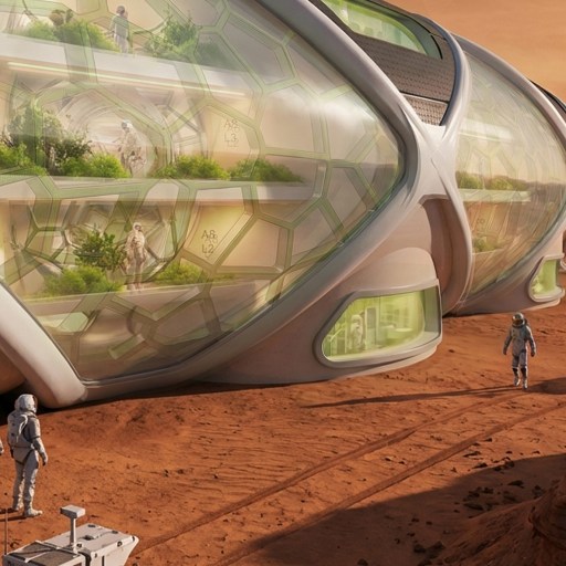 Futuristic Mars habitat with transparent walls, showing people tending to green plants and fungi inside. Astronauts and rovers are visible on the red, rocky Martian surface outside.