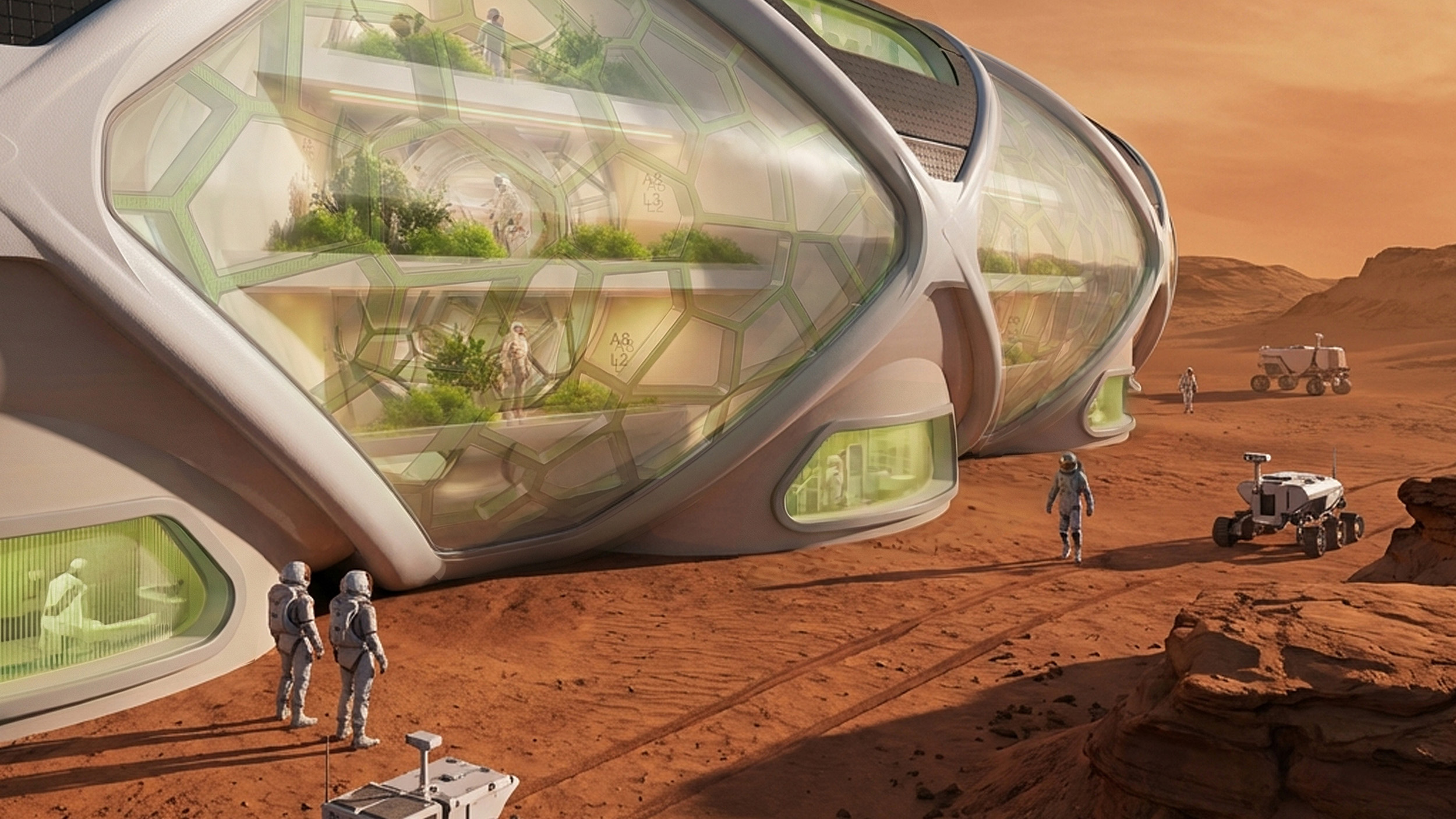 Futuristic Mars habitat with transparent walls, showing people tending to green plants and fungi inside. Astronauts and rovers are visible on the red, rocky Martian surface outside.