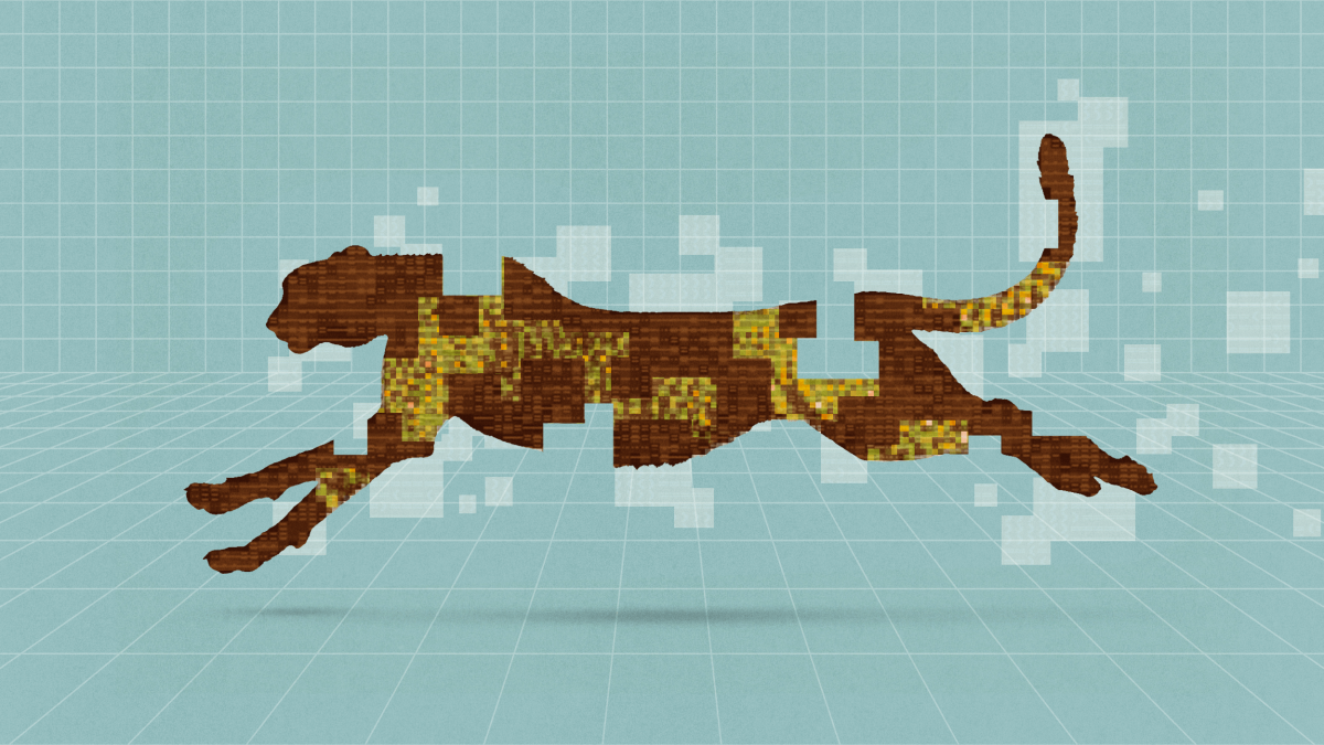 A pixelated silhouette of a leaping cheetah, inspired by d/acc aesthetics, appears to disintegrate into square particles against a blue grid background.