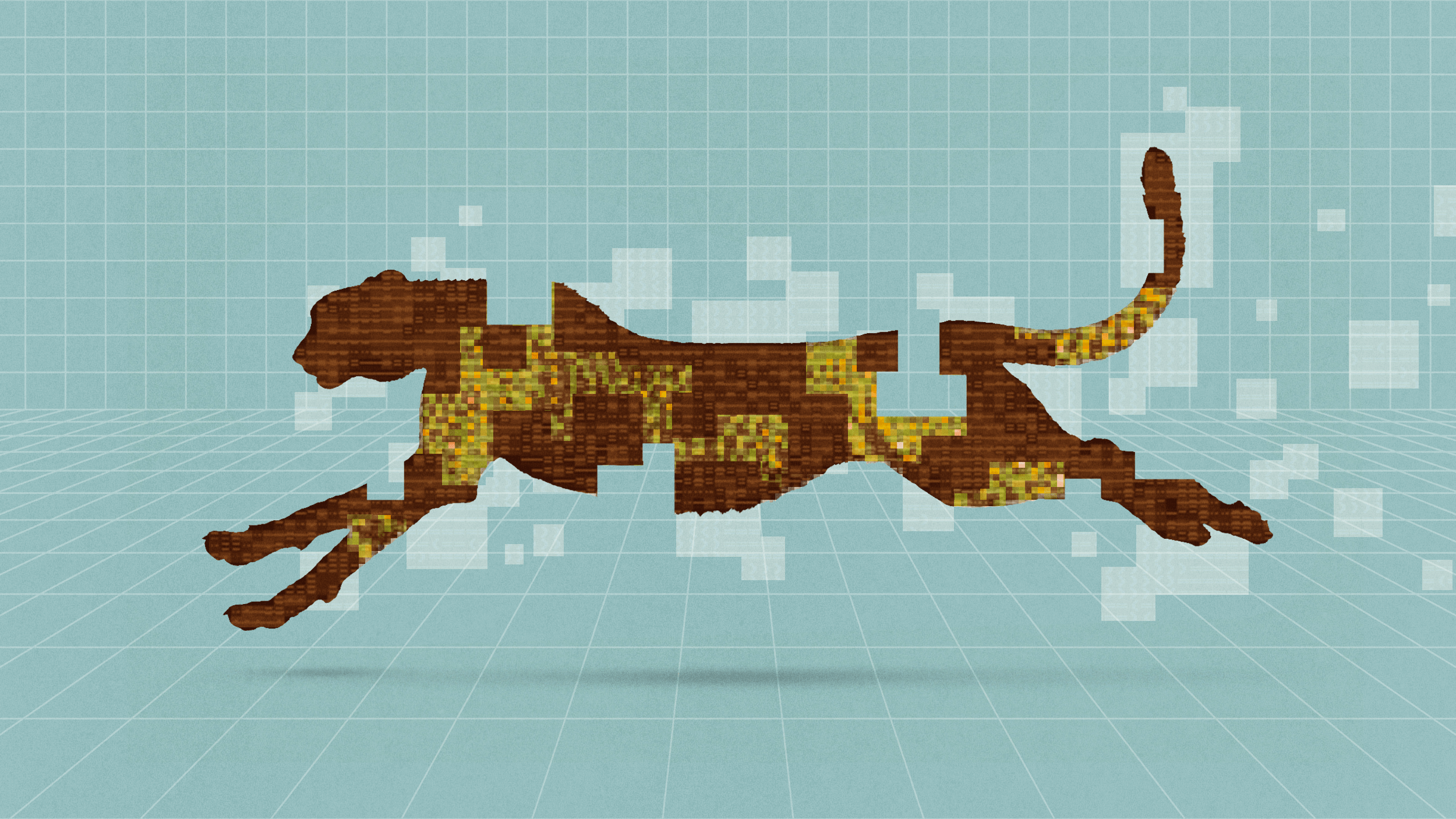 A pixelated silhouette of a leaping cheetah, inspired by d/acc aesthetics, appears to disintegrate into square particles against a blue grid background.