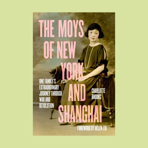 Book cover for "The Moys of New York and Shanghai" by Charlotte Brooks, featuring a historical portrait of a woman seated beside a small table, evoking the era and heritage central to The Moys of New York and Shanghai.