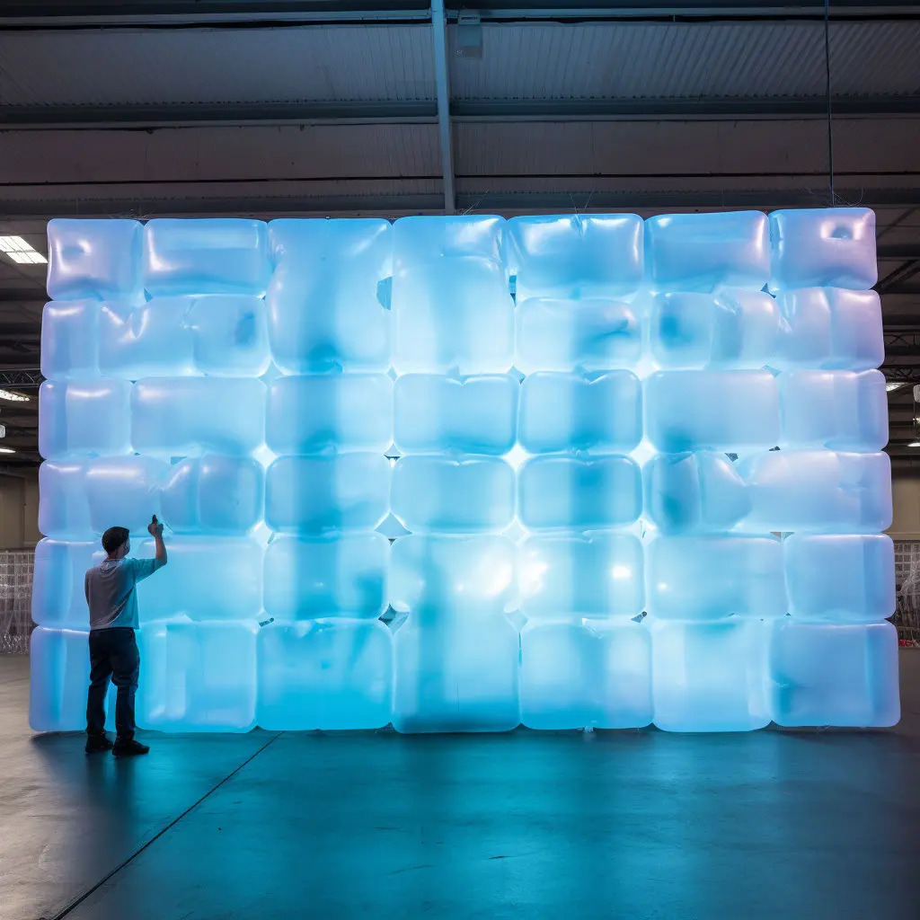 A person stands beside a large wall made of illuminated, translucent, blue inflatable blocks&mdash;some resembling the organic shapes of fungi&mdash;inside an industrial-style indoor space.