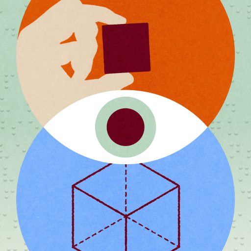 A hand holds a red square above an eye shape, symbolizing the brain after blindness, with a geometric wireframe cube below on a blue circle, all set against a pale green background.