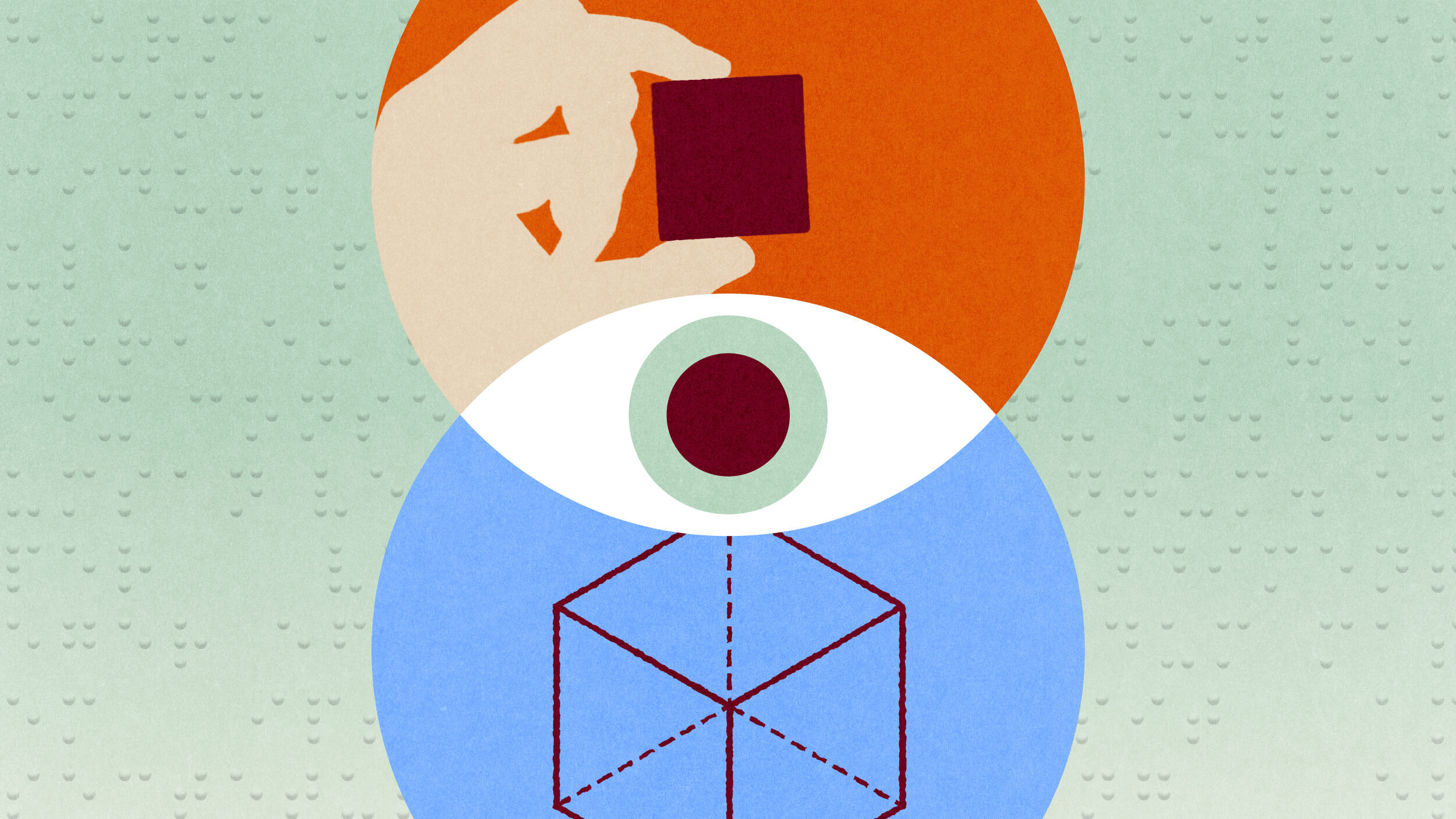 A hand holds a red square above an eye shape, symbolizing the brain after blindness, with a geometric wireframe cube below on a blue circle, all set against a pale green background.