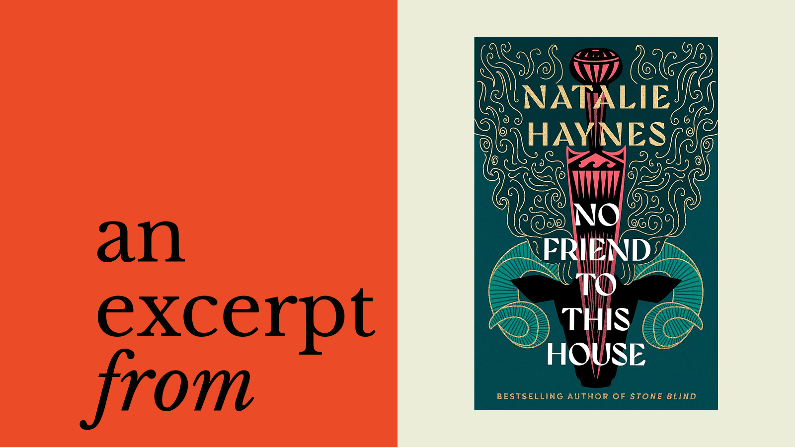Book cover of "No Friend to This House" by Natalie Haynes on a light background, with red text reading "an excerpt from" on an orange backdrop and the phrase "no friend of this house" subtly emphasized.