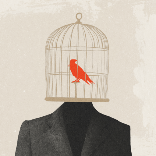 Illustration of a person in a suit with a birdcage as a head; a red bird is perched inside the cage, symbolizing indoctrination and the constraints placed on free thought.