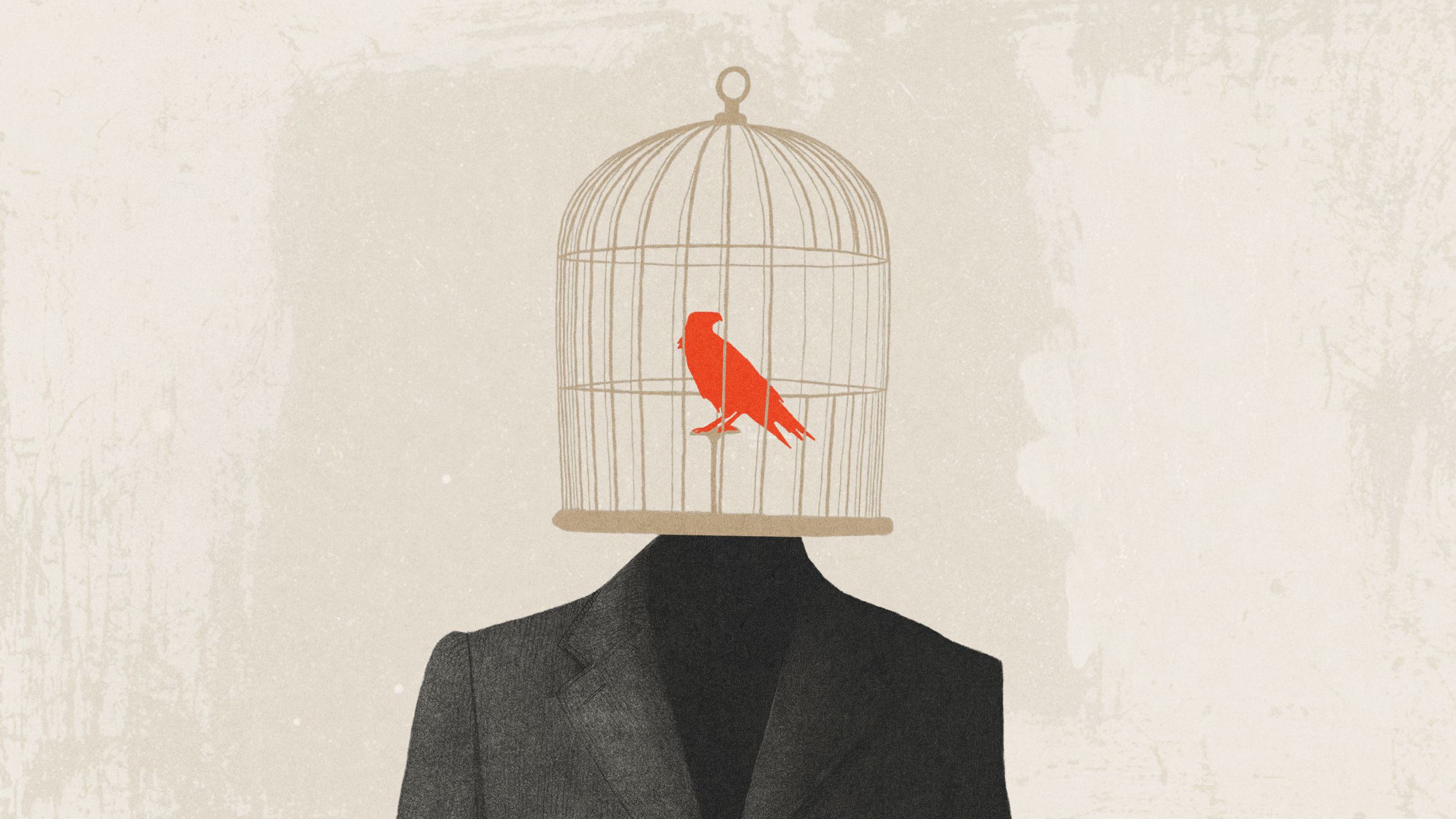 Illustration of a person in a suit with a birdcage as a head; a red bird is perched inside the cage, symbolizing indoctrination and the constraints placed on free thought.