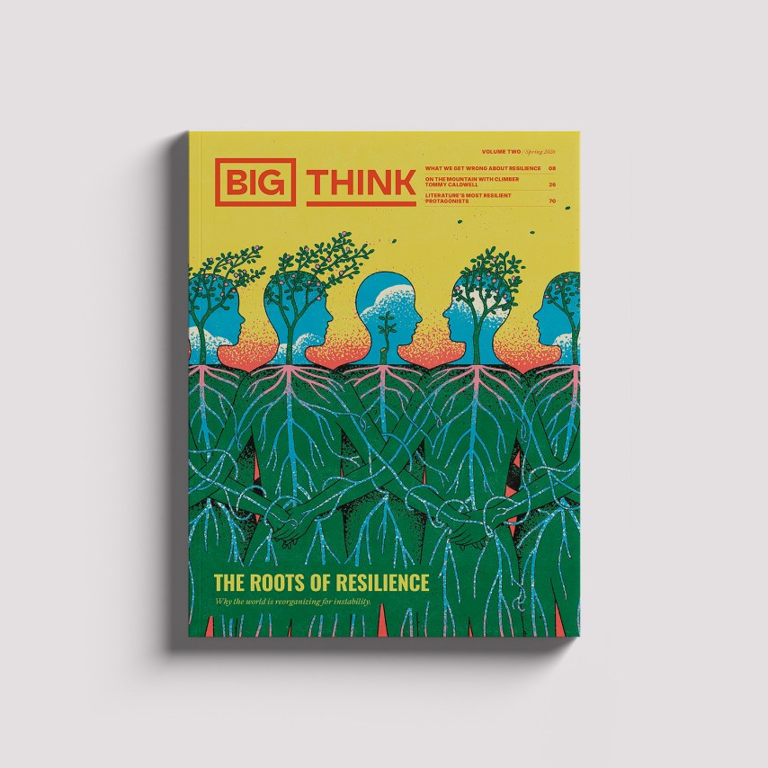 A magazine titled “BIG THINK” featuring an illustration of five human figures with tree branches and roots connecting them, set against a yellow and green background.