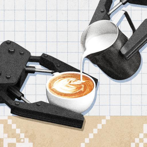 A proactive AI-powered robotic arm holds a coffee cup while another pours milk to create latte art, all set against a grid-patterned background.