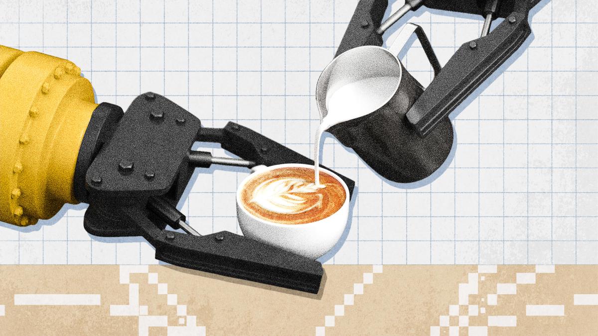 A proactive AI-powered robotic arm holds a coffee cup while another pours milk to create latte art, all set against a grid-patterned background.
