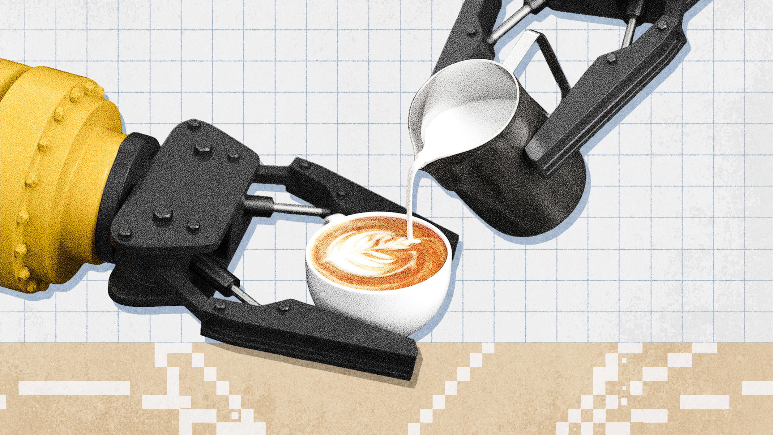 A proactive AI-powered robotic arm holds a coffee cup while another pours milk to create latte art, all set against a grid-patterned background.