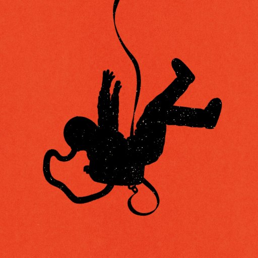 A black silhouette of an astronaut is suspended upside down by a cord against a solid red background.