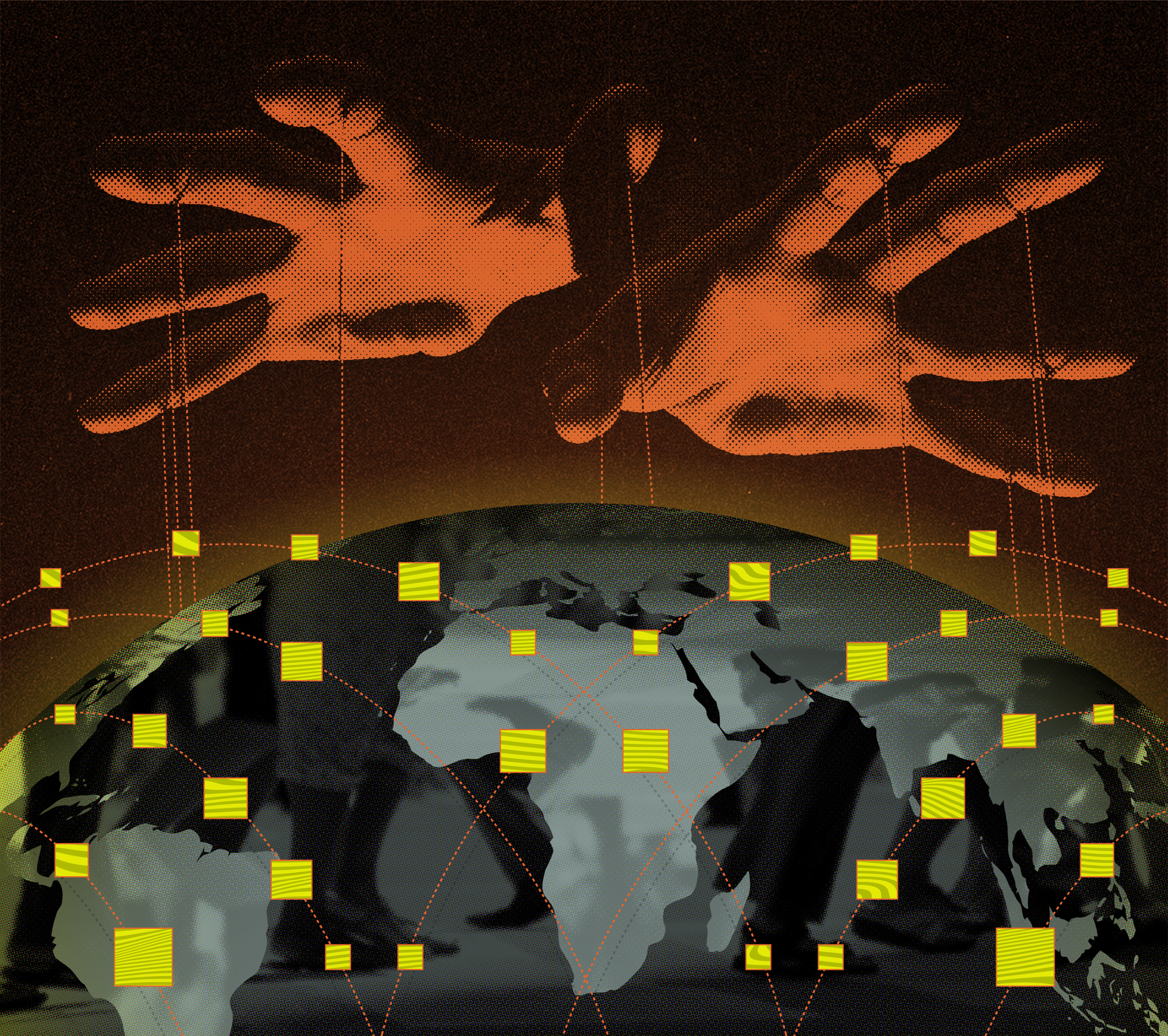 Two large, red-tinted hands hover above a globe, manipulating a network of yellow nodes connected by lines across different continents&mdash;evoking the web of influence often depicted in conspiracy theories.