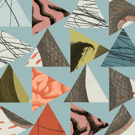 A pattern of multicolored triangles with various abstract textures and designs on a muted blue background evokes the resilience paradox, balancing vibrancy and calm in a harmonious display.