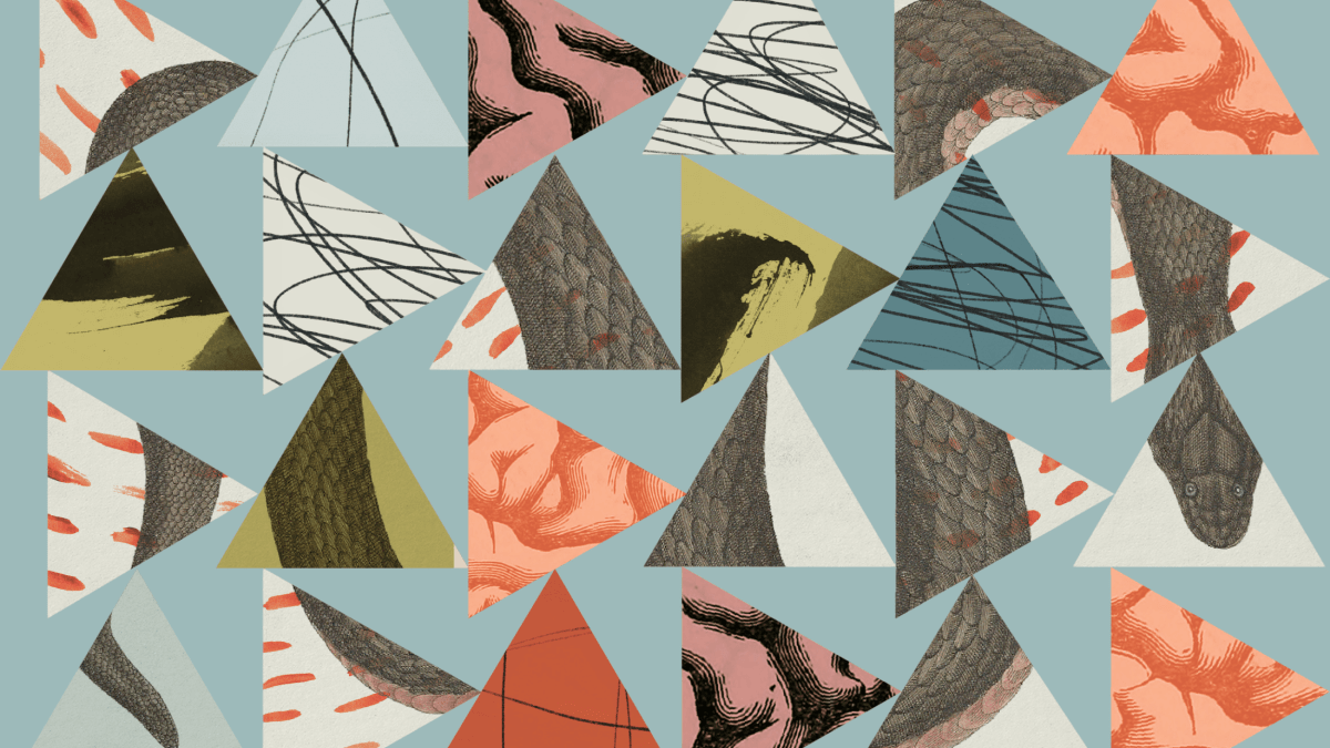 A pattern of multicolored triangles with various abstract textures and designs on a muted blue background evokes the resilience paradox, balancing vibrancy and calm in a harmonious display.