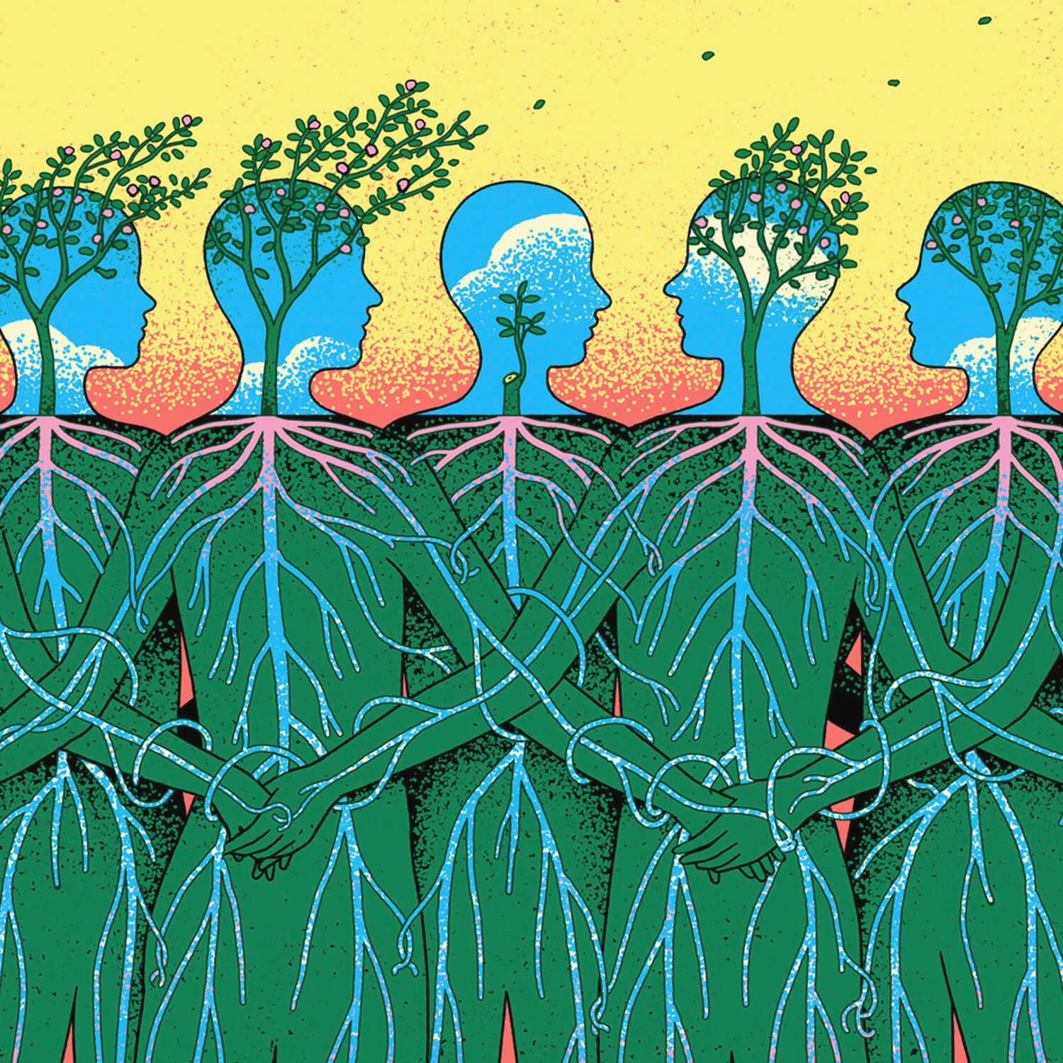 Illustration of five humanoid figures with green bodies, root-like veins, and tree branches growing from their heads, holding hands against a yellow and red background.