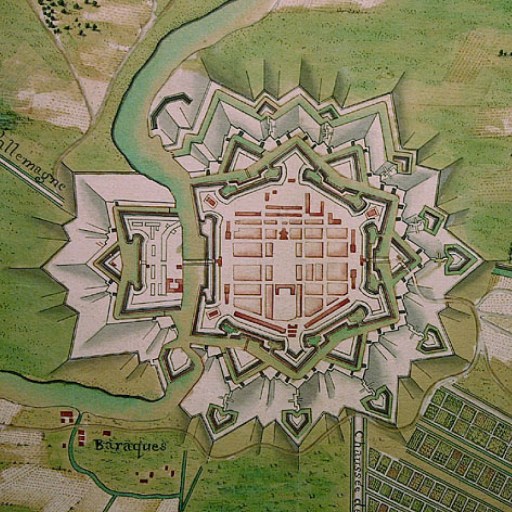 Historic map illustration of a star-shaped fortified city with surrounding moat, labeled roads, and buildings visible outside the city walls.