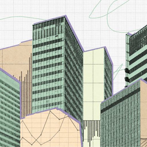 Illustration of several modern office buildings with geometric shapes and overlaid graphs on a grid background.