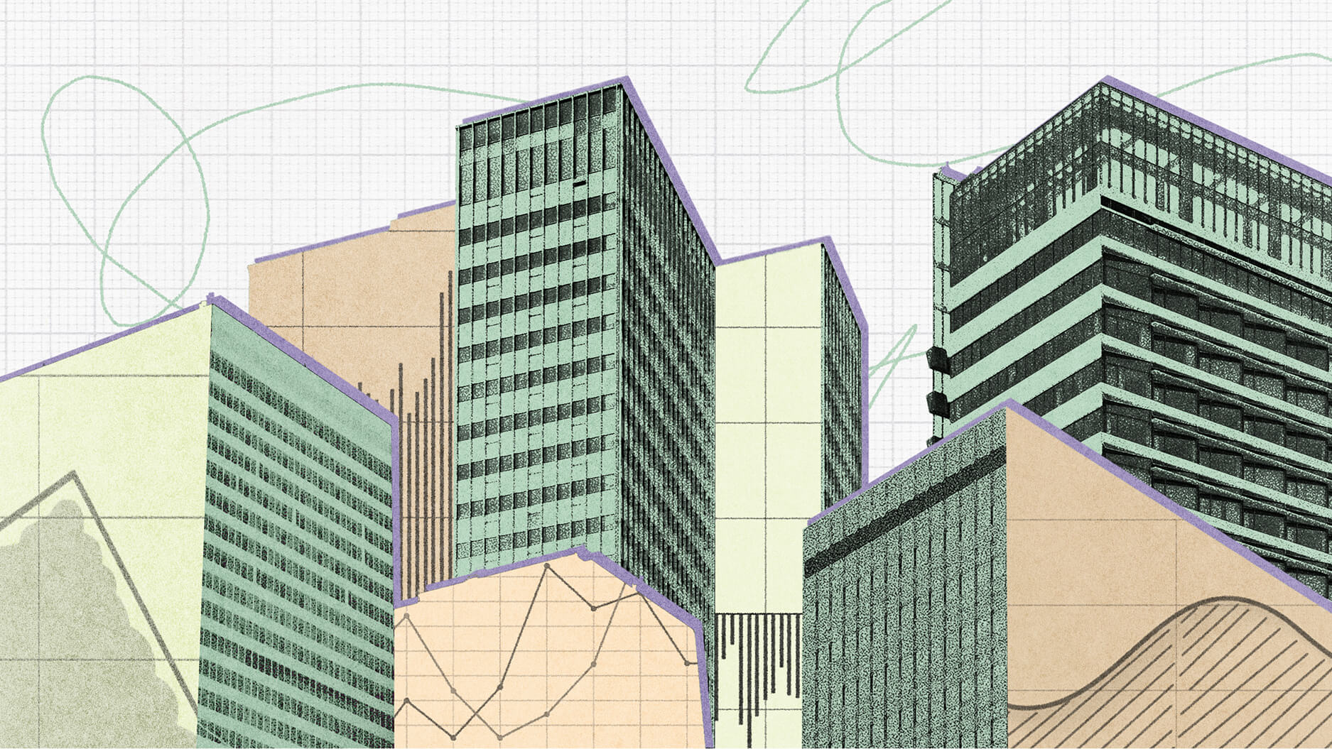 Illustration of several modern office buildings with geometric shapes and overlaid graphs on a grid background.