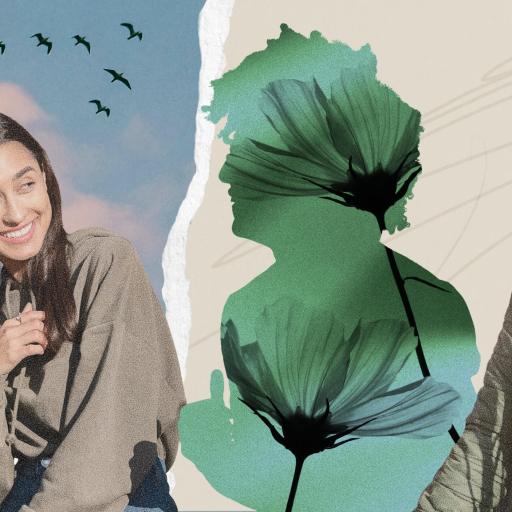 Three people sitting and smiling outdoors, with an artistic overlay of a green silhouette and flowers, and birds flying in the background.