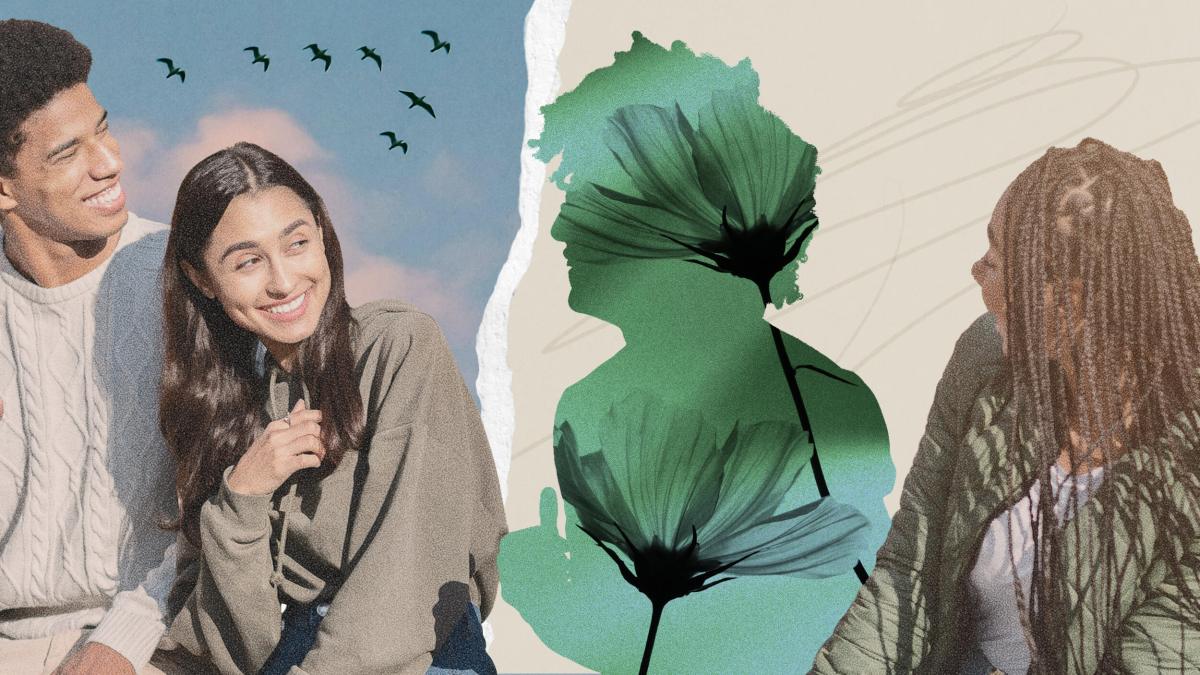 Three people sitting and smiling outdoors, with an artistic overlay of a green silhouette and flowers, and birds flying in the background.